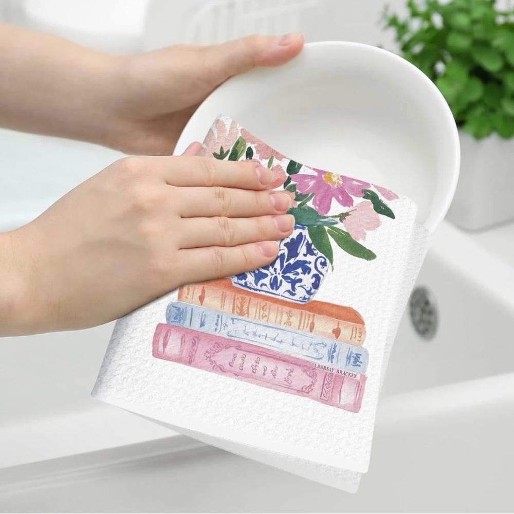 Floral Vase Over Book Stack Kitchen Towel Set of 2 - Picture 3 of 4